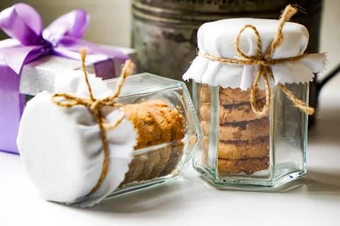 Tiny Cookie Jars with Twine and Floral Decor Stock Photos