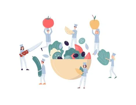 Tiny cooks mixing vegetables in huge bowl flat vector illustration isolated. Stock Illustration