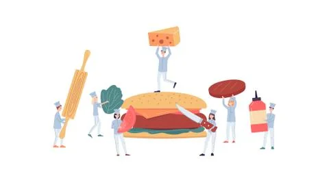 Tiny cooks or chiefs gathering a giant burger flat vector illustration isolated. Stock Illustration