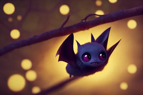 Tiny cute adorable bat in the forest, intricate details. Cartoon big eyed clo Stock Illustration