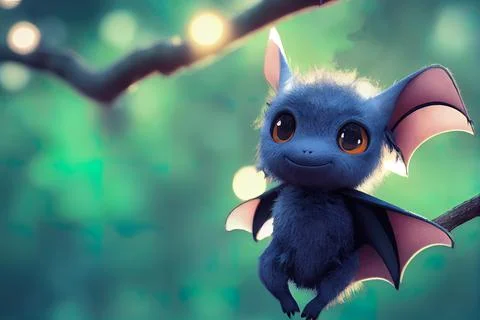 Tiny cute adorable bat in the forest, intricate details. Cartoon big eyed clo Stock Illustration