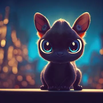 Tiny cute adorable black wild cat, intricate details. Cartoon big eyed close  Ilustración de archivo