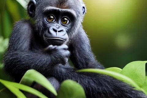 Tiny cute adorable chimpanzee in the jungle, intricate details. Cartoon big e Stock Illustration