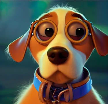 Tiny cute adorable dog in glasses, intricate details. Cartoon big eyed close  Иллюстрация