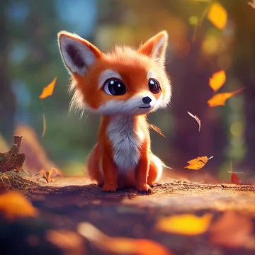 Tiny cute adorable fox in an autumn oak forest, intricate details. Cartoon bi Stock Illustration