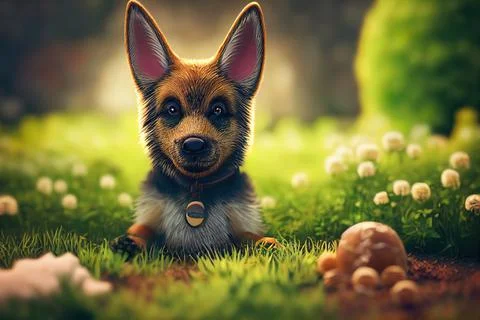 Tiny cute adorable german shepherd, intricate details. Cartoon big eyed close Stock Illustration