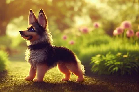 Tiny cute adorable german shepherd, intricate details. Cartoon big eyed close Stock Illustration