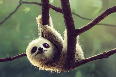 Tiny cute adorable hanging sloth, intricate details. Cartoon big eyed close u Stock Illustration
