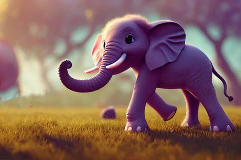 Tiny cute adorable happy elephant, intricate details. Cartoon big eyed close  Stock Illustration