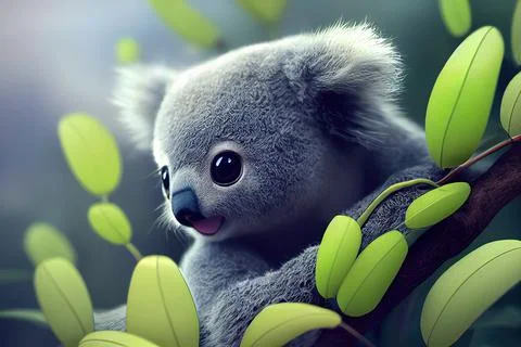 Tiny cute adorable koala in the jungle, intricate details. Cartoon big eyed c Stock Illustration