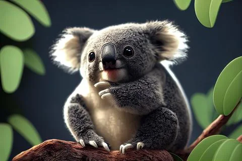 Tiny cute adorable koala in the jungle, intricate details. Cartoon big eyed c Stock Illustration