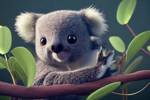 Tiny cute adorable koala in the jungle, intricate details. Cartoon big eyed c Stock Illustration