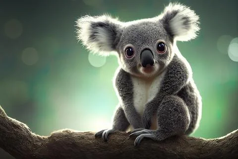 Tiny cute adorable koala in the jungle, intricate details. Cartoon big eyed c Stock Illustration