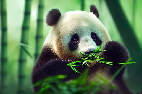 Tiny cute adorable panda bear in nature, intricate details. Cartoon big eyed  Stock Illustration