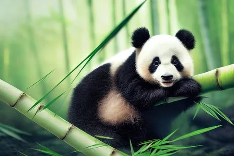 Tiny cute adorable panda bear in nature, intricate details. Cartoon big eyed  Stock Illustration