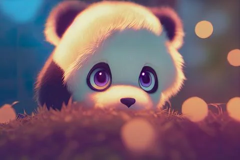 Tiny cute adorable panda bear in nature, intricate details. Cartoon big eyed  Stock Illustration