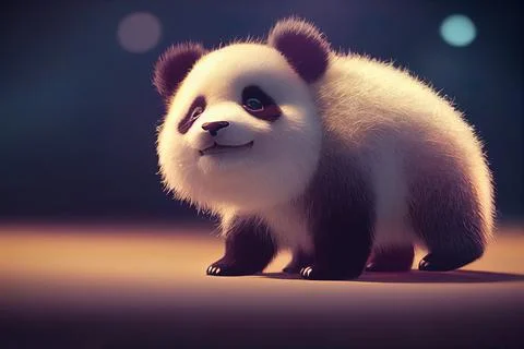 Tiny cute adorable panda bear in nature, intricate details. Cartoon big eyed  Stock Illustration