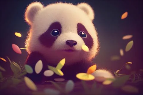 Tiny cute adorable panda bear in nature, intricate details. Cartoon big eyed  Stock Illustration