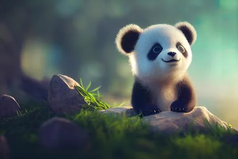 Tiny cute adorable panda bear in nature, intricate details. Cartoon big eyed  Stock Illustration