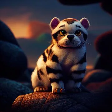 Tiny cute adorable panthera sitting on a rock, intricate details. Cartoon big Stock-Illustration