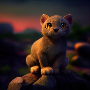 Tiny cute adorable panthera sitting on a rock, intricate details. Cartoon big Stock Illustration