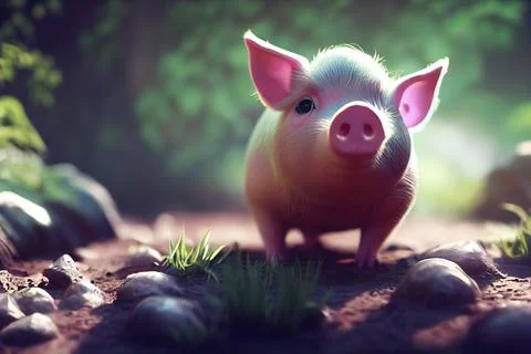 Tiny cute adorable pig in mud, intricate details. Cartoon big eyed close up p Stock Illustration