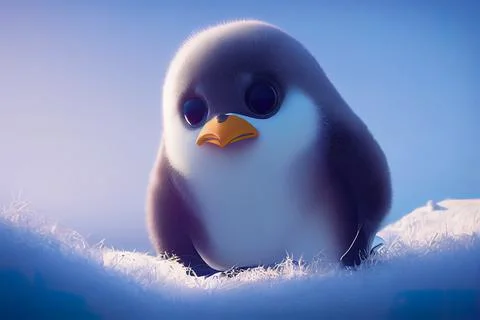 Tiny cute adorable pinguin standing on snow, intricate details. Cartoon big e Stock Illustration