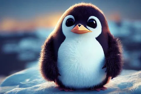Tiny cute adorable pinguin standing on snow, intricate details. Cartoon big e Stock Illustration