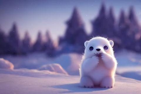 Tiny cute adorable polar bear, intricate details. Cartoon big eyed close up p Stock Illustration
