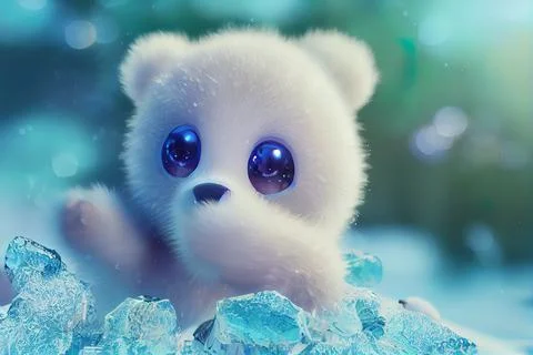 Tiny cute adorable polar bear, intricate details. Cartoon big eyed close up p Stock Illustration