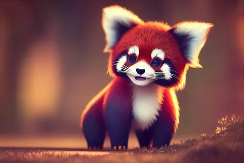 Tiny cute adorable red small panda, intricate details. Cartoon big eyed close Stock Illustration