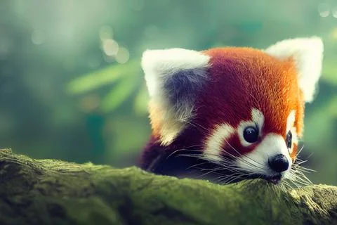 Tiny cute adorable red small panda, intricate details. Cartoon big eyed close Stock Illustration