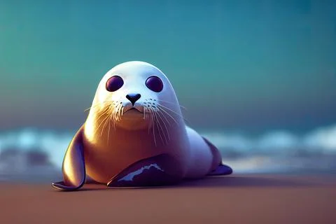 Tiny cute adorable seal lying on the beach, intricate details. Cartoon big ey Stock Illustration