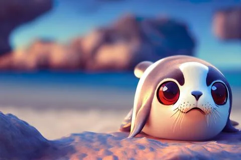 Tiny cute adorable seal lying on the beach, intricate details. Cartoon big ey イラスト素材