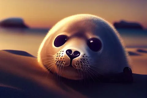 Tiny cute adorable seal lying on the beach, intricate details. Cartoon big ey Stock Illustration