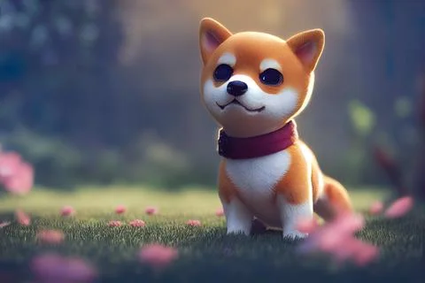 Tiny cute adorable shiba inu dog, intricate details. Cartoon big eyed close u Stock Illustration