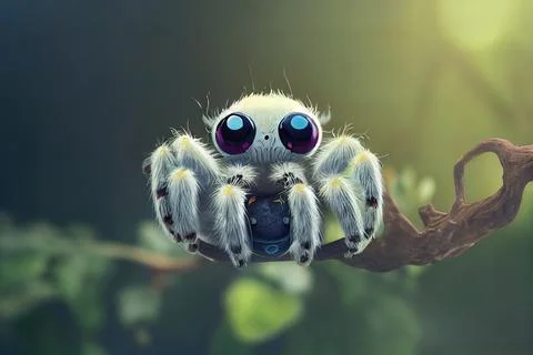 Tiny cute adorable spider on branch, intricate details. Cartoon big eyed clos Stock Illustration