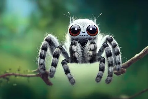 Tiny cute adorable spider, intricate details. Cartoon big eyed close up portr Stock Illustration