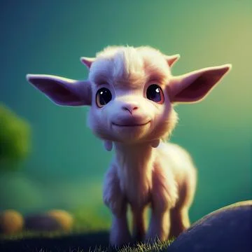 Tiny cute adorable white goat, intricate details. Cartoon big eyed close up p Stock-Illustration