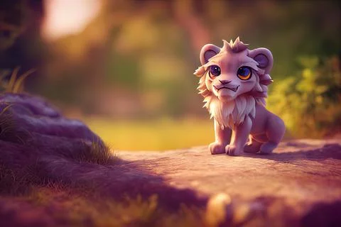 Tiny cute adorable wild lion, intricate details. Cartoon big eyed close up po Stock Illustration