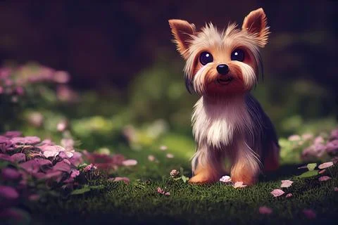 Tiny cute adorable yorkshire terrier in the garden, intricate details. Cartoo Stock Illustration