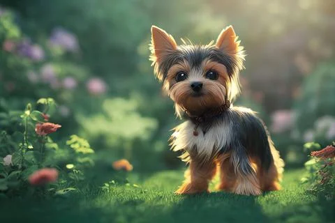 Tiny cute adorable yorkshire terrier in the garden, intricate details. Cartoo イラスト素材