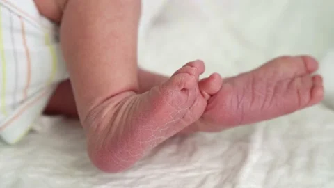 Tiny Cute Newborn Babies Bare Feet nd Toes First Days Of Life On White Stock-Footage 160933540