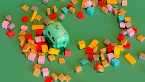 A tiny cute robot cleans children's room. Wooden blocks scattered on the floor. Video stock 219509608