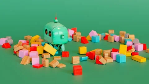 A tiny cute robot cleans children's room. Wooden blocks scattered on the floor. Video stock 219509944