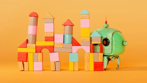 A tiny cute robot walks into wooden block castle. Toy destroys kid's building. Video stock 208847790