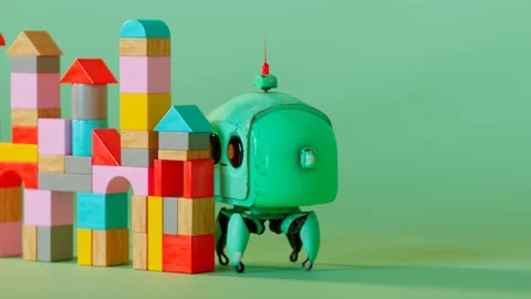 A tiny cute robot walks into wooden block castle. Toy destroys kid's building. Video stock 208847800
