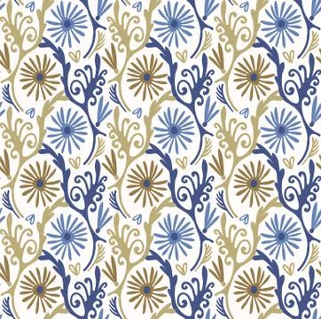 Tiny daisy damask swirl seamless pattern Dense floral fabric textile. Vector Stock Illustration