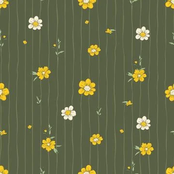 Tiny Daisy Flowers Whimsical Seamless Pattern Stripes Spring Summer Floral .. Ilustração Stock