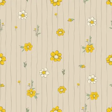 Tiny Daisy Flowers Whimsical Seamless Pattern Stripes Spring Summer Floral .. Stock Illustration